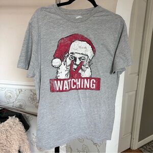 Ugly sweater party Santa tee grey “watching “ shirt top medium